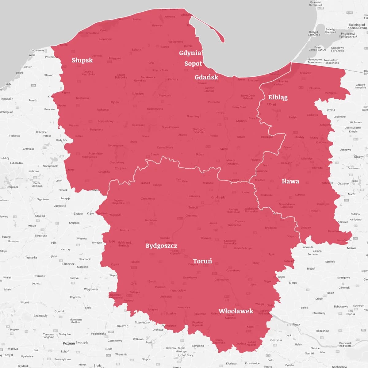 Mapa obszaru apelacji z zaznaczonym Włocławkiem